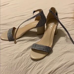 Black and white block heels